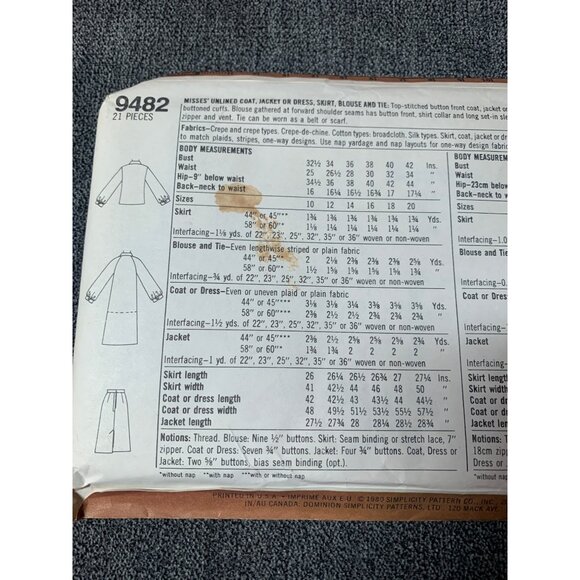 Simplicity Misses Coat Jacket Dress Skirt Blouse Sewing Pattern sz 10 9482 - unc - Picture 6 of 10